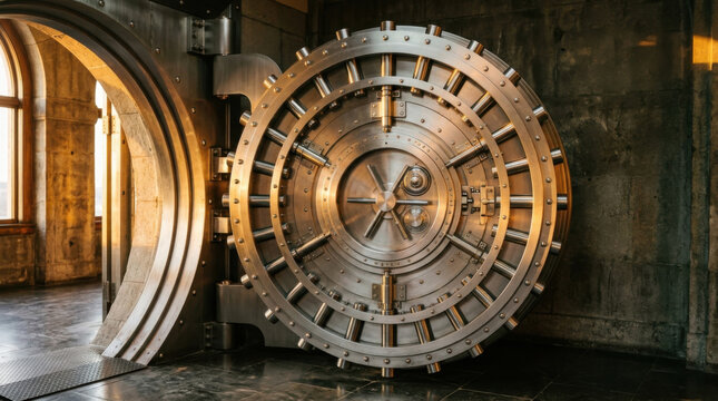Bank vault door metal vault door circular steel door heavy safe door secure vault entrance industrial metal banking vault locked chamber steel