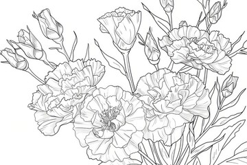Fototapeta premium Carnations and wild roses in full bloom, monochrome coloring page with decorative linework