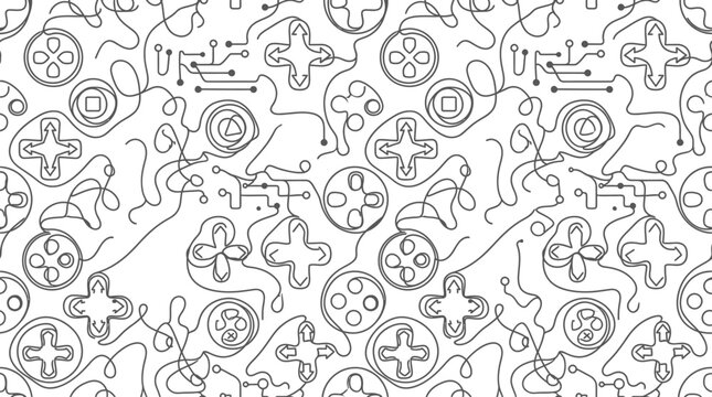 Seamless pattern of hand drawn video game controllers and circuit board lines.