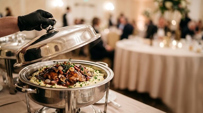 Hand in black glove opening a silver chafing dish at a catered event
