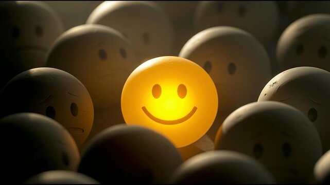 Glowing Smiley Face Among Sad Emoji Spheres Symbolizing Positivity Optimism Mental Health and Standing Out Concept