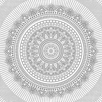 Intricate black and white floral mandala pattern design with geometric, symmetry
