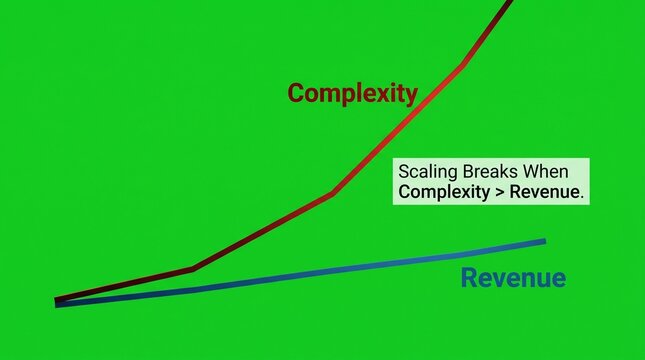 Scaling paradox graph showing complexity vs revenue. Business growth chart analysis.