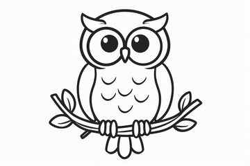 Fototapeta premium Cute owl sitting on a tree branch with wide, printable kids coloring page with thick lines