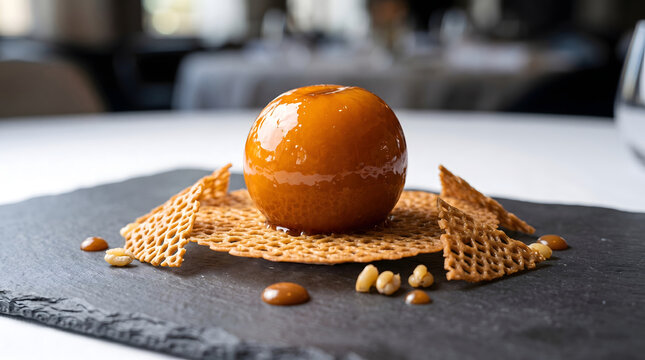 Modern caramelized huesillo dessert with wheat tuile in fine dining presentation