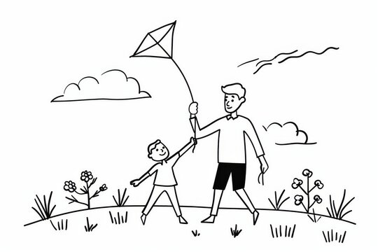 Father and son flying a kite in a sunny park, minimal vector line drawing
