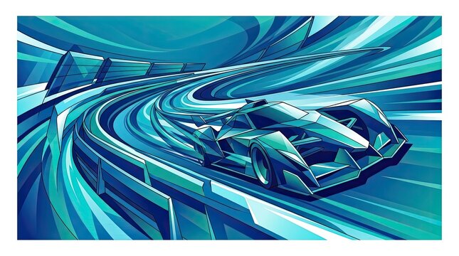Futuristic blue race car on high speed digital track