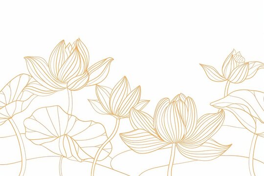 Golden line drawing of lotus flowers, black ink outline illustration