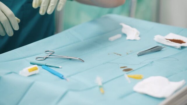 Close up of a surgeon's hands in sterile gloves preparing surgical instruments and suture thread on a medical tray in an operating room