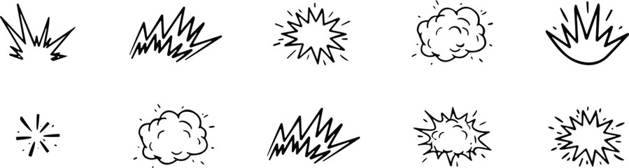 Set of ten hand-drawn cartoon explosion and impact symbols, black outline on white background, comic doodle © Siddhartha