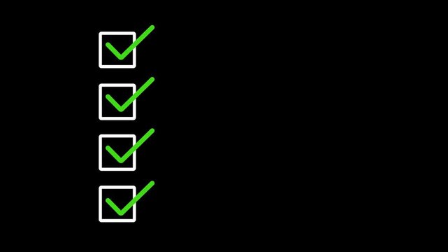 Animated checklist with green checkmarks in square boxes. Task completion animation on white background. Perfect for productivity, to-do lists, goals, Motion graphics of successful concept