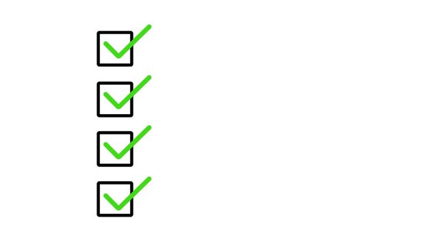 Animated checklist with green checkmarks in square boxes. Task completion animation on white background. Perfect for productivity, to-do lists, goals, Motion graphics of successful concept