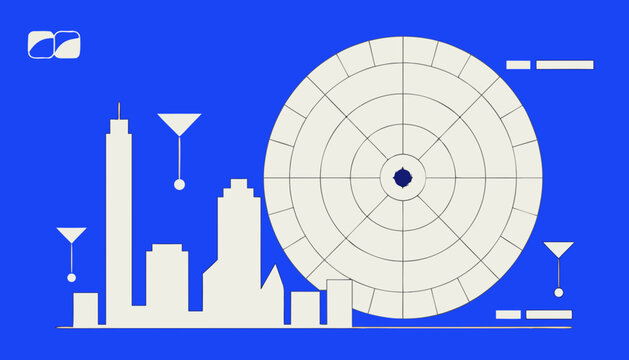 Minimalist city skyline vector illustration, abstract urban radar screen graphic, modern blue and white architectural design concept