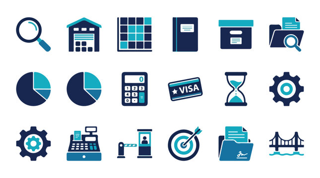 A comprehensive collection of 18 flat vector icons illustrating various themes of business, finance, logistics, and data management in blue.