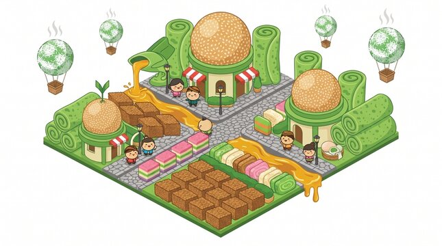Kawaii Indonesian Traditional Snack Fantasy City Isometric Illustration with Onde-onde Mosque Dome, Dadar Gulung Towers, Lapis Legit Buildings, Kue Putu Pyramid, Colorful Kue Lapis