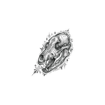 Hand drawn wolf skull illustration with ornate botanical frame, vintage mystical line art vector design element
