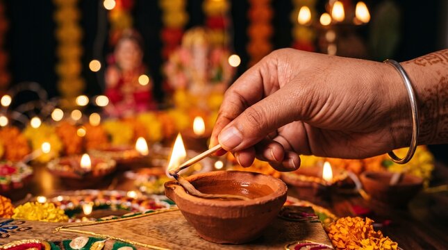 Hand Lighting Traditional Oil Lamp During Cultural Celebration
