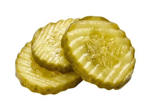 Three crinkle cut pickled cucumber slices arranged in a stack isolated on transparent background