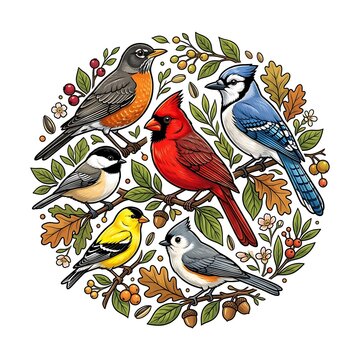 Colorful songbirds and autumn greenery in a circular arrangement