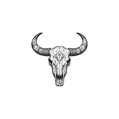 Fototapeta premium Engraving illustration of an ornate buffalo or bull skull adorned with mystical patterns, stars, and a crescent moon