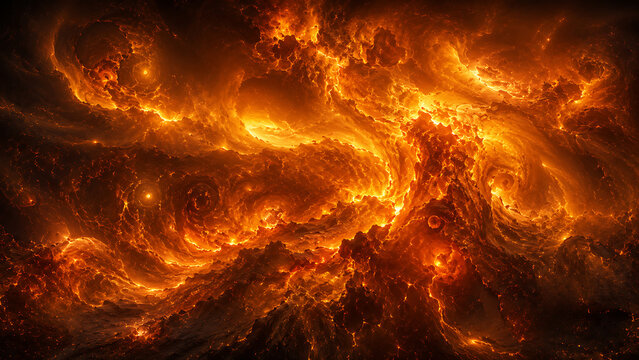 Fiery Cosmic Magma Nebula with Glowing Solar Storm and Plasma Swirls, Apocalyptic Space Fire Storm Background with Molten Rock Textures