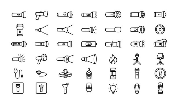 Premium flashlight, torch, lighting and equipment line icons set