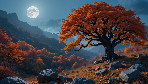 Autumn tree under full moon in misty mountain landscape. Vibrant fall foliage illuminated by lunar glow in serene nature scene.