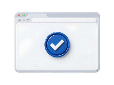 Three dimensional web browser window icon with a blue checkmark isolated on transparent background