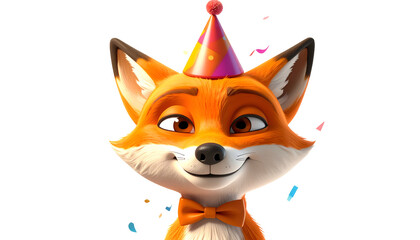 Fototapeta premium Whimsical Fox Wearing Party Hat and Bowtie Celebrates Birthday with Confetti
