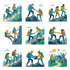Fototapeta premium A collection of flat vector icons showing people hiking outdoors