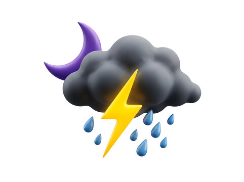 3d render of a stormy night weather icon with rain and lightning isolated on transparent background