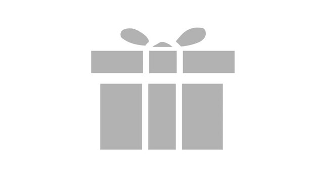 The video shows a 2D vector motion graphic of a gift box icon centered on a plain background. Initially, the lid of the gift box, complete with a ribbon bow,