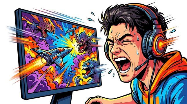 Excited gamer shouting while playing intense space action video game