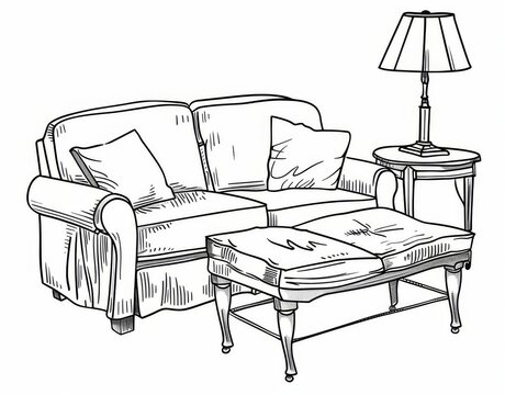 Oversized sofa with two square pillows, minimal vector line drawing