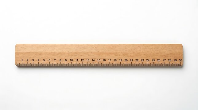 Wooden 30-centimeter metric ruler with natural grain isolated horizontally on a white background with copy space.