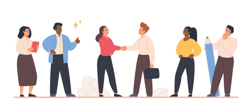 Diverse office colleagues standing together, two business people shaking hands after contract agreement, teamwork, partnership collaboration concept, isolated on white background vector illustration