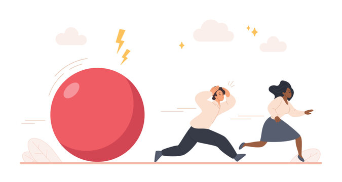 Scared office workers running from giant red ball representing debt, financial risk and economic danger, concept of crisis, pressure and stress isolated on white background vector illustration