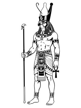 Horus. Ancient Egyptian God. Black and white vector clipart.