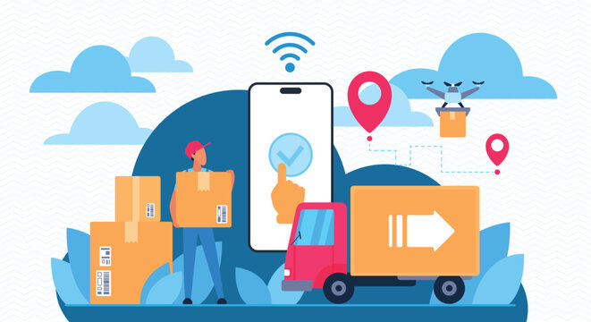 Modern cloud delivery service concept with courier, truck, drone and smartphone app showing order tracking and location pins, flat style on blue background vector illustration