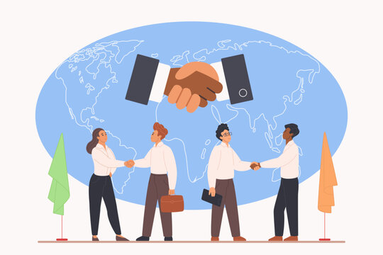 Business diplomats shaking hands at international meeting, standing in front of world map, symbol of global partnership, cooperation, agreement and negotiation, flat colorful vector illustration