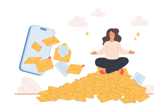Woman meditating on huge pile of email envelopes, staying calm and balanced while managing digital inbox overload and smartphone notifications, isolated on white background vector illustration