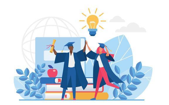 Two diverse college graduates in caps and gowns celebrate achievement with diploma, books, and lightbulb symbol of knowledge, isolated on white background vector illustration