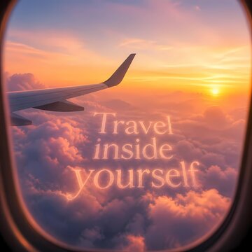 Airplane window view at sunset with text Travel inside yourself concept. Motivation quote for travel blogs, posters and social media.