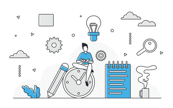 Man sitting on clock with notebook, pencil, lightbulb and coffee cup around, representing time management, planning, study and creative work, isolated on white background vector illustration