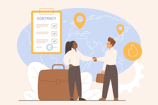 Business people shaking hands on expat employment contract with world map, location pins and briefcase, concept of international job agreement and relocation, black employee, vector illustration