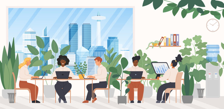 Modern green office with diverse employees working on laptops among indoor plants, large window city view, eco friendly workplace design and teamwork concept vector illustration