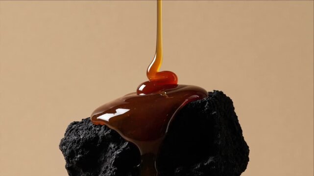 Cinematic caramel drip macro molten liquid texture background art dessert closeup flow over black stone rock warm beige studio backdrop minimal food art concept moody sensual sweet sticky syrup