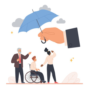 Big hand holding umbrella protects diverse employees, disabled worker in wheelchair, symbolizing corporate insurance, social security, workplace rights protection isolated vector illustration