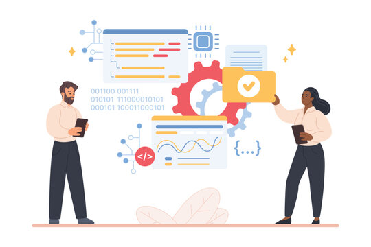 Team of IT developers analyzing big data, coding software and managing digital workflow with dashboards, binary code and gear icons, isolated on white background vector illustration