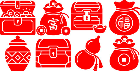 Chinese New Year wealth symbols set, red flat icons of treasure chests and money bags, traditional lunar festival prosperity elements for design